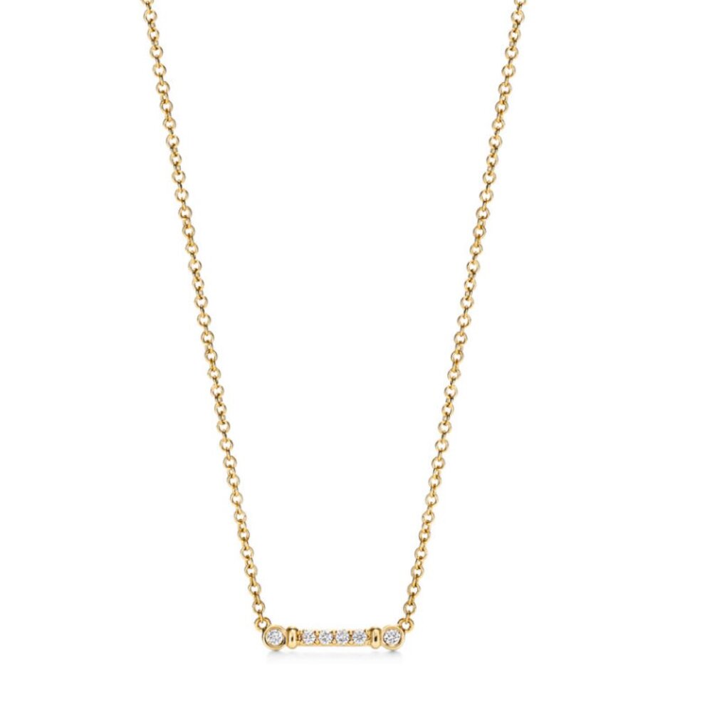 New Tiffany 18K Yellow Gold Fleur de Lis Key Bar with Diamonds Necklace